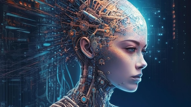 Cyborg avec cerveau brillant Concept d'intelligence artificielle