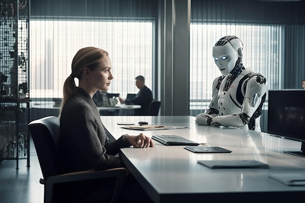Cyborg dans un bureau sombre avec un ordinateur et une femme