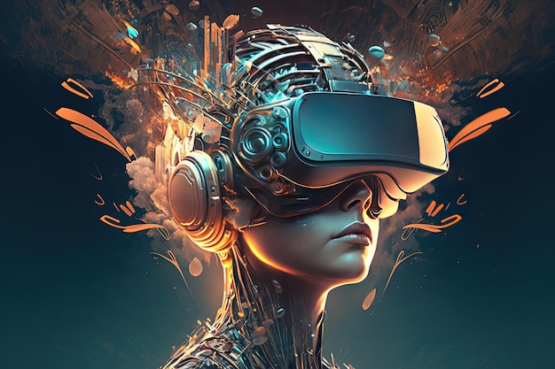 Cyborg dans des lunettes de réalité virtuelle Technologie imagination casque jeu infographie connaissance science créativité données cyberespace Le concept d'intelligence artificielle AI