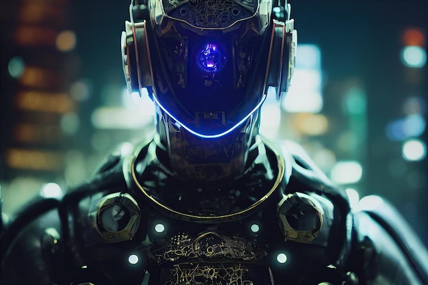 Cyborg dans une ville la nuit avec un œil brillant Arrière-plan de néon et d'ultraviolet