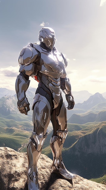 Un cyborg entièrement blindé debout sur une montagne AI Generated Image