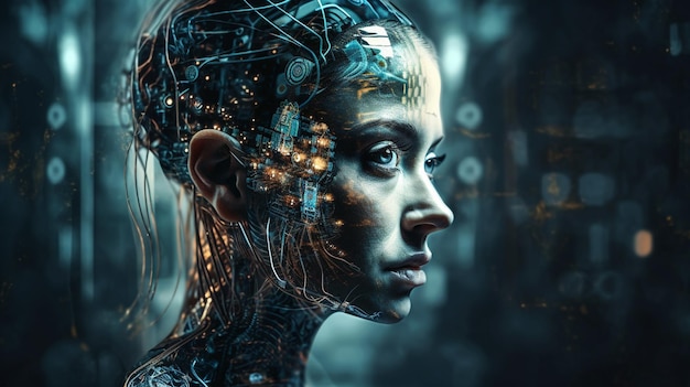 Cyborg femelle avec cerveau de circuit et code binaire ai génératif