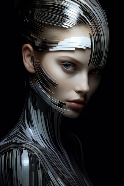 Une cyborg féminine avec une grille métallique sur la tête.