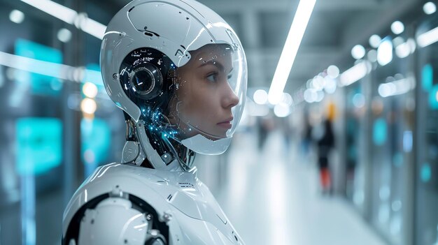 Cyborg femme regardant la caméra dans l'espace vide rendu 3D