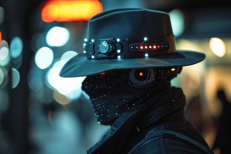 Photo un cyborg futuriste portant un chapeau de haute technologie avec des lumières