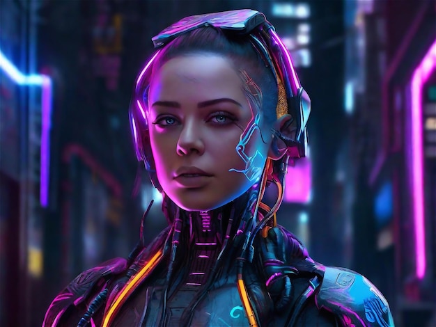 Cyborg girl Une belle fille cyberpunk se tient dans le contexte de la ville nocturne du futur