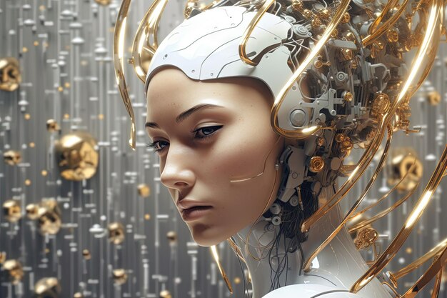 Cyborg ou humain amélioré numériquement Intelligence artificielle et concept technologique avec femme avancée