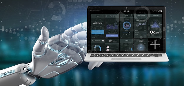 Cyborg main tenant un ordinateur portable avec des données d&#39;interface utilisateur sur l&#39;écran isolé