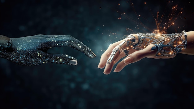 Cyborg et mains humaines comme symbole du lien entre la technologie de l'intelligence artificielle et les gens Créé avec la technologie d'IA générative