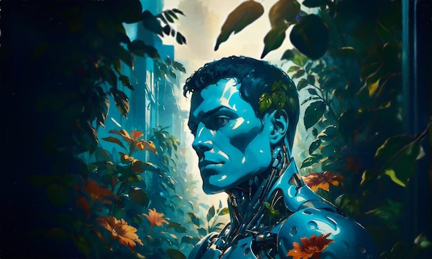 Cyborg masculin abstrait avec des plantes illustration cyber futuriste