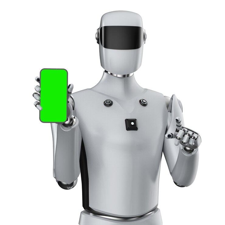 Photo cyborg ou robot d'intelligence artificielle de rendu 3d avec le téléphone portable d'écran vide d'isolement sur le blanc