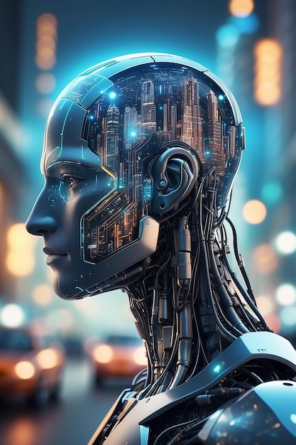 Cyborg tête utilisant l'intelligence artificielle pour créer une interface numérique sur le fond bokeh de la ville rendu 3D