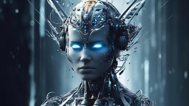 Cyborg visage filaire hologramme rendu 3D intelligence artificielle concept d'apprentissage automatique