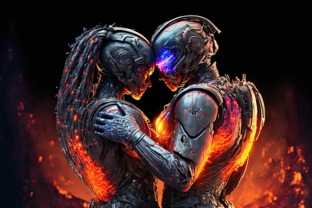 Les cyborgs de l'espace aiment la Saint-Valentin Les cyberastronautes câlinent la relation Cyberpunk 3d illustration