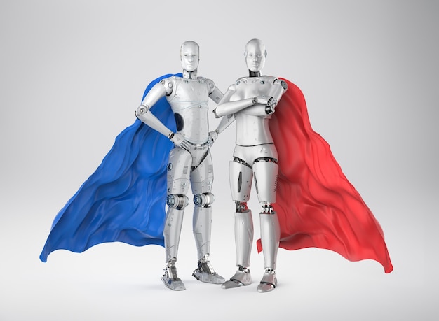 cyborgs de super-héros de rendu 3d avec des capes rouges et bleues