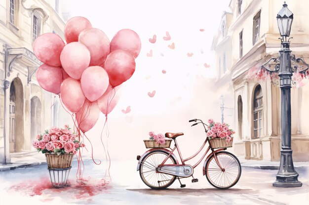 Cycle avec ballon rose et fleurs décoré pour la Saint-Valentin
