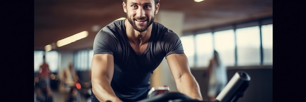 Photo cycling pour le bien-être jeune homme écrasant des objectifs de cardio avec un vélo d'exercice