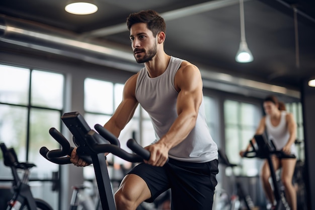 Cycling pour le bien-être Jeune homme écrasant des objectifs de cardio avec un vélo d'exercice