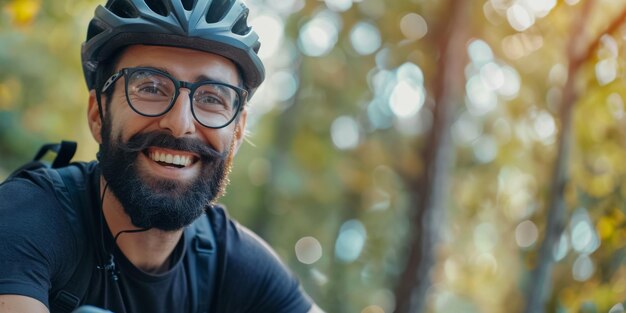 Un cycliste barbu avec un casque et des lunettes sourit Portrait d'un motard dans le parc IA générative