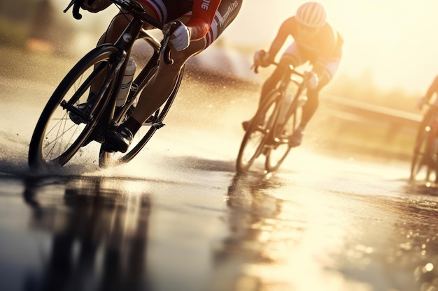 Cycliste en compétition Le cycliste pédale intensément sur une piste mouillée par la pluie Concept de course cycliste au coucher du soleil