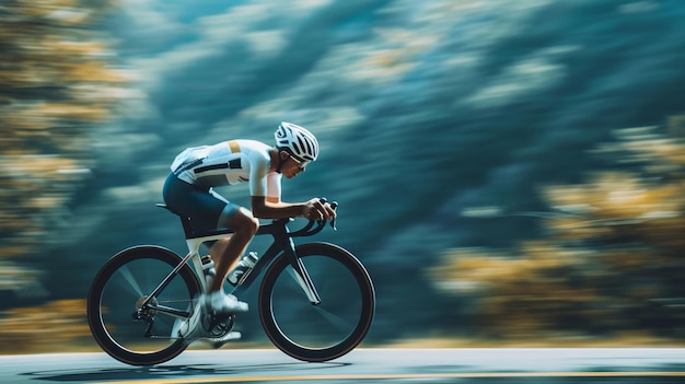 Un cycliste descendant une colline vêtu d'un équipement aérodynamique dans un flou de mouvement