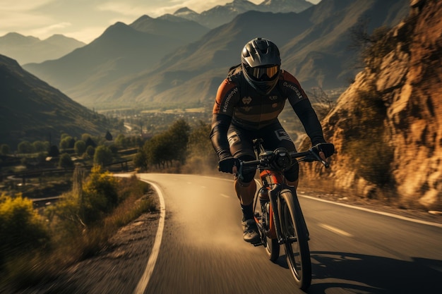 Un cycliste descendant une route de montagne sinueuse avec le paysage flou accéléré par l'IA générative