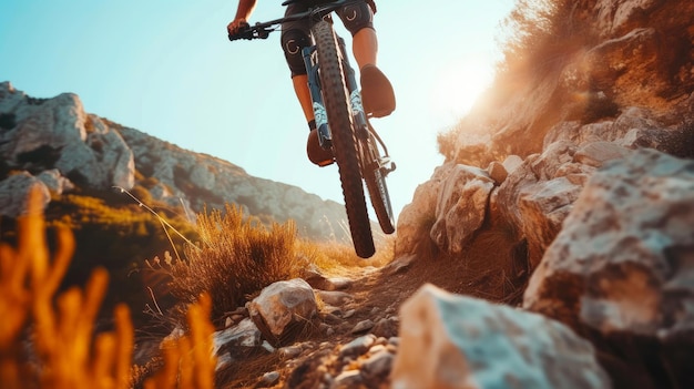 Un cycliste dynamique s'élève sur un terrain accidenté