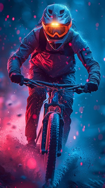 Un cycliste est vu en train de faire du vélo sur un fond bleu violet gradient qui présente des composants polygonaux et fluides en néon