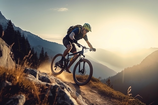 Cycliste faisant du vélo de montagne sur le sentier rocheux sport extrême concept de voyage à vélo passe-temps IA générative