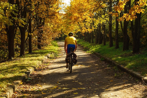 Un cycliste fait du vélo dans l'allée d'automne du parc