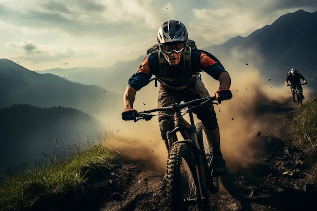 le cycliste fait du vélo de montagne sur le terrain difficile