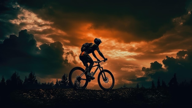 Un cycliste fait du vélo sous un ciel nuageux.