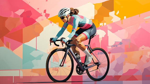 Cycliste féminine à cheval près d'un mur coloré, vue large