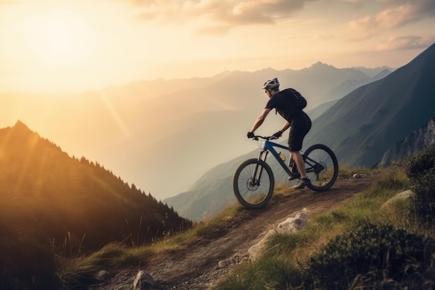 Cycliste masculin actif faisant du vélo sur une montagne Generative AI AIG18