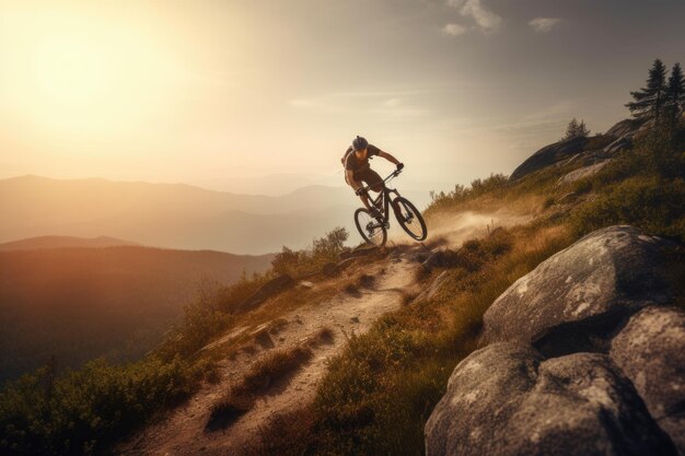 Cycliste masculin actif à vélo sur une montagne IA générative AIG18