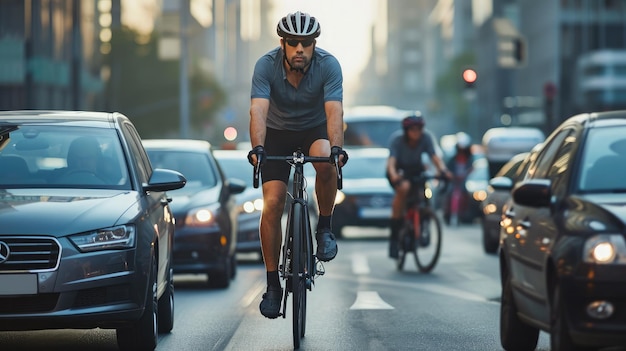 cycliste masculin passant un embouteillage