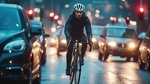 cycliste masculin passant un embouteillage