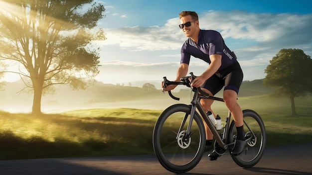 Un cycliste masculin à vélo le matin.