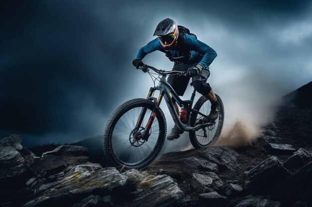 Photo un cycliste de montagne descendant un sentier rocheux escarpé avec une concentration intense