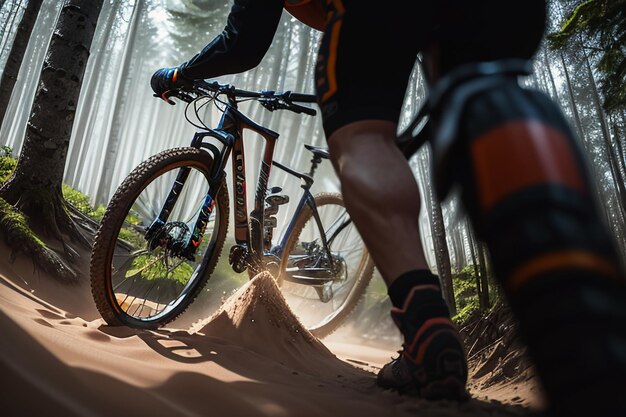 Un cycliste de montagne sur un sentier avec des arbres en arrière-plan