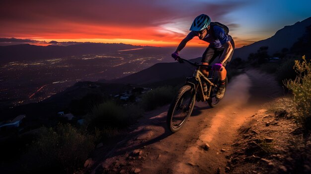 Un cycliste de montagne sur un sentier difficile au crépuscule