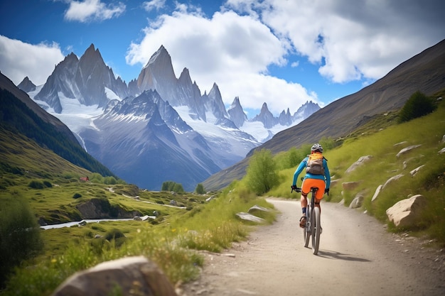 Photo un cycliste de montagne sur un sentier avec une toile de fond alpine