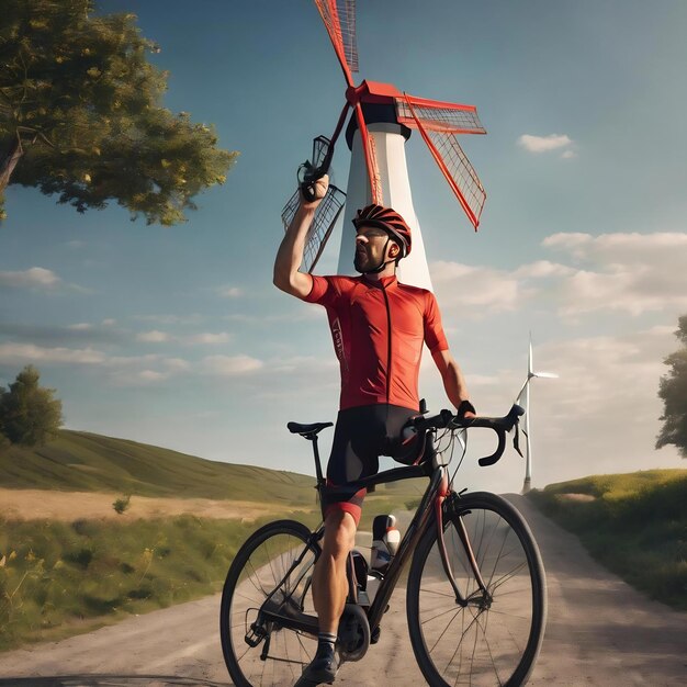 Un cycliste avec un moulin à vent sur le thème du transport propre lève le poing après un concept gagnant de la victoire