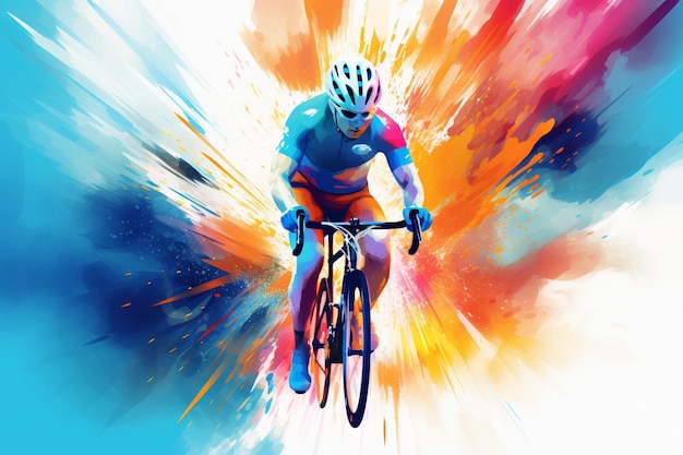 Un cycliste de mouvement abstrait en action sur un fond coloré dynamique