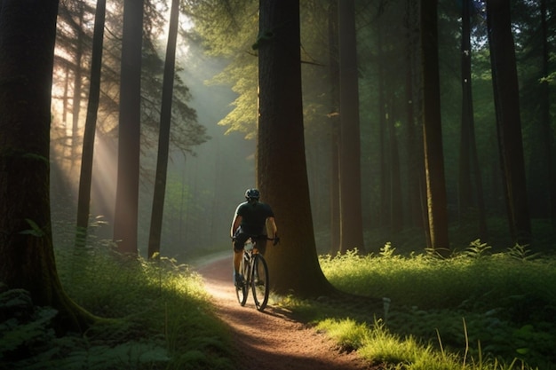 un cycliste parcourt un sentier forestier le matin