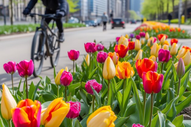 Un cycliste passe devant des tulipes colorées sur un chemin de la ville.