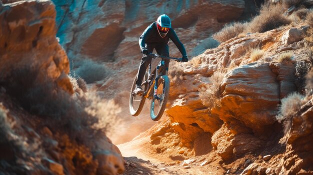 Un cycliste pionnier s'élève au-dessus d'un sentier rocheux