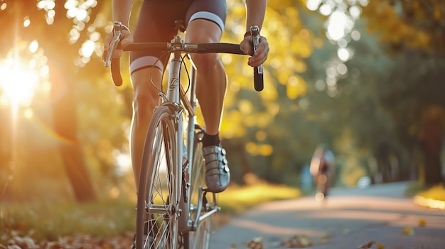 Un cycliste profite d'une balade au coucher du soleil doré, l'essence de l'aventure en plein air et du fitness capturée par AI Generative