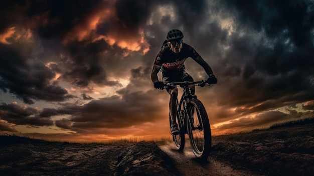 Un cycliste roule sur un chemin de terre avec un ciel nuageux en arrière-plan.