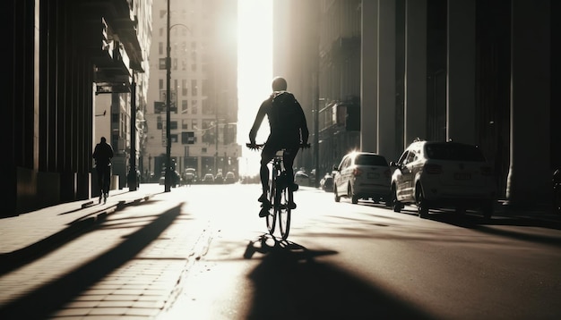 Un cycliste roule dans une rue de la ville.